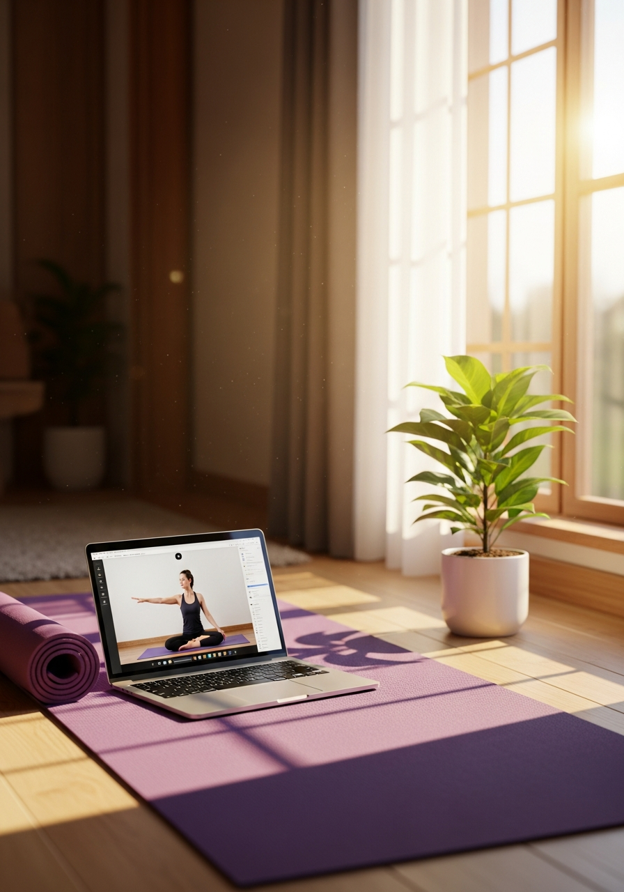 Домашняя обстановка, коврик, экран с участниками